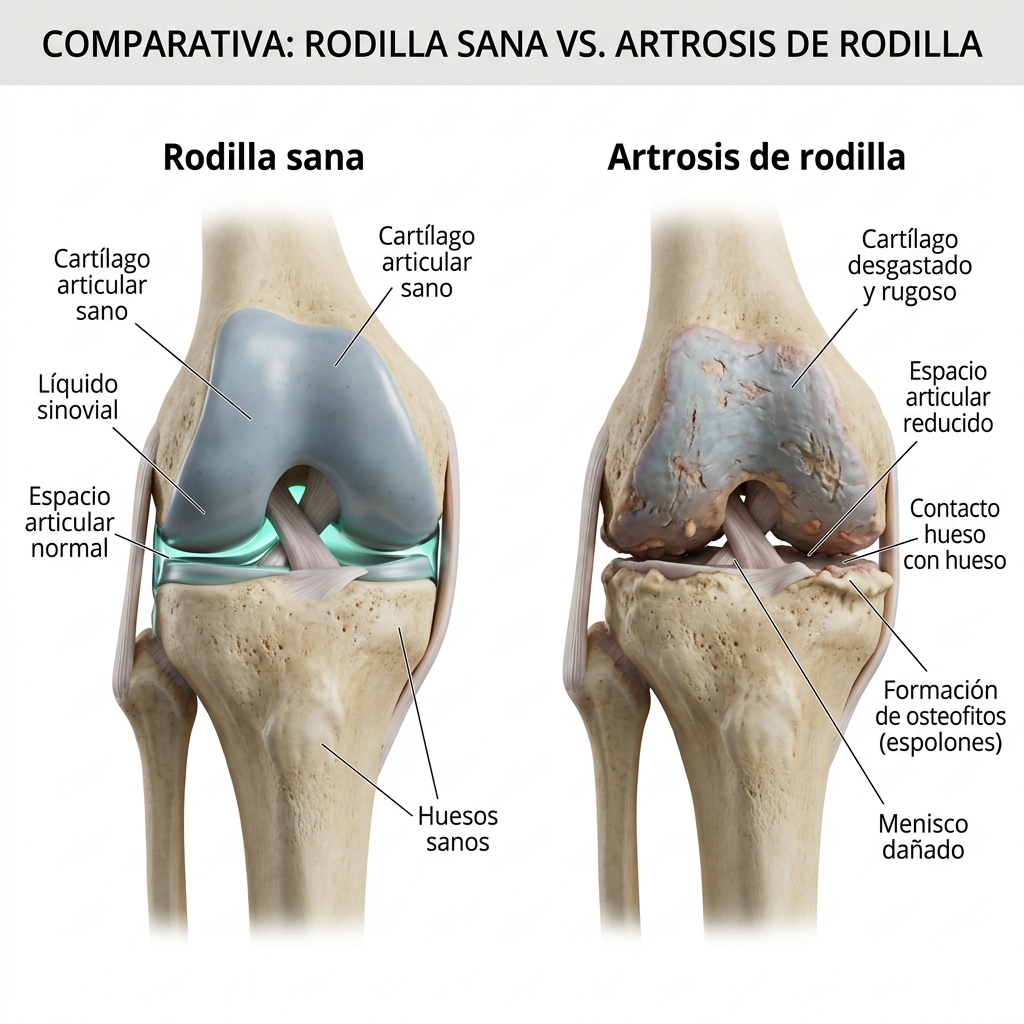 Comparativa médica de rodilla sana frente a artrosis de rodilla