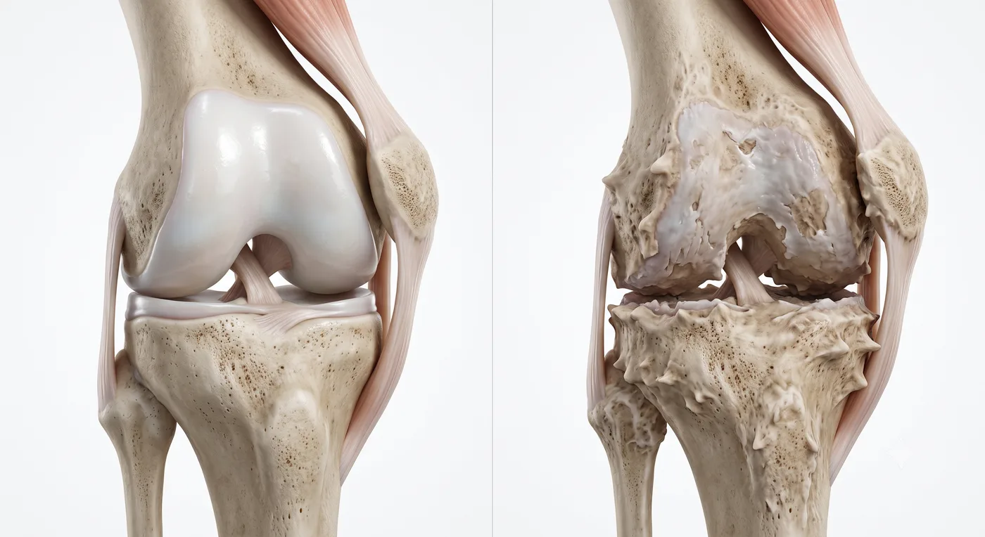 Comparativa médica de rodilla sana (cartílago liso, izquierda) frente a artrosis de rodilla (cartílago desgastado y osteofitos, derecha)