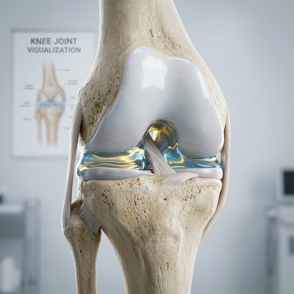 Render 3D de la articulación de la rodilla con gel de ácido hialurónico